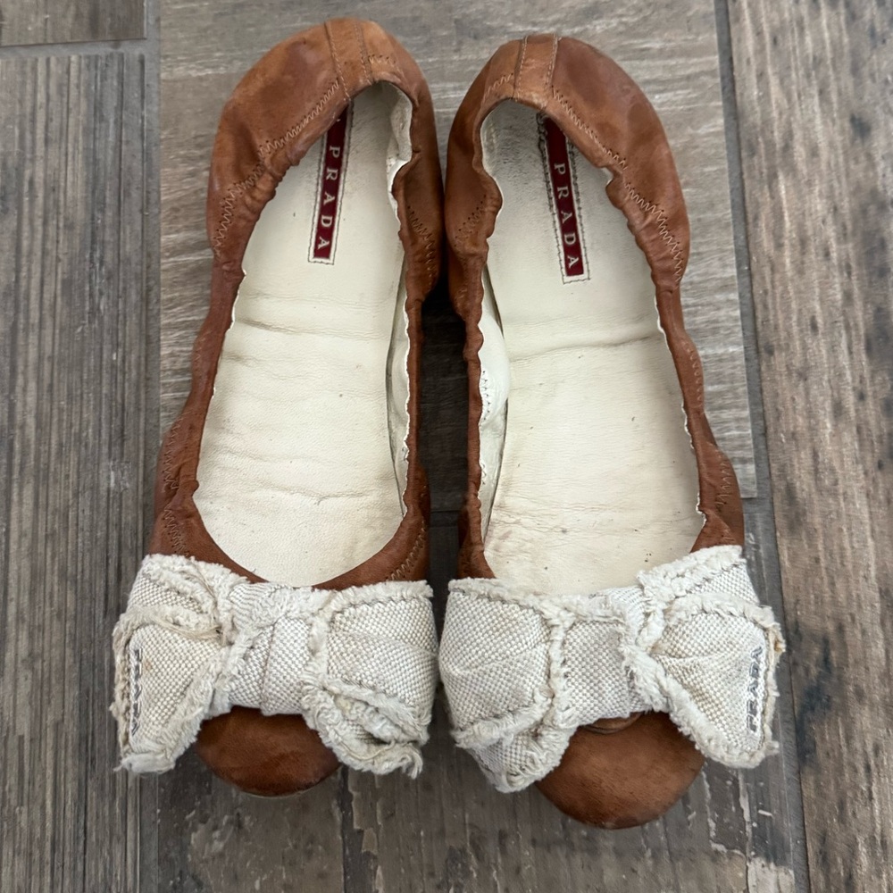 Prada Leather And Canvas Scrunch Bow Ballet Flats Size 38 - Picture 4 of 11